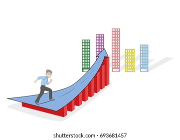 Businessman running up the arrow going into the sky. The concept of success in business. Vector illustration