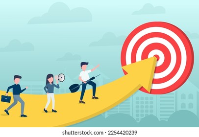 Businessman running to the arrow pointing up. It indicates an upward growth or trend. Businessman looks determined and focused, chasing goals or targets. Vector illustration Eps 10.