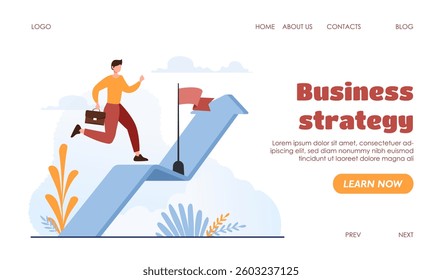 Businessman running up an arrow-shaped path with a briefcase towards a goal flag. Minimalist style on a white background. Concept of growth and success. Vector illustration