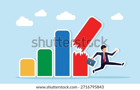 Businessman running to avoid broken chart bars illustrating inconsistent business performance and unstable financial progress of the company