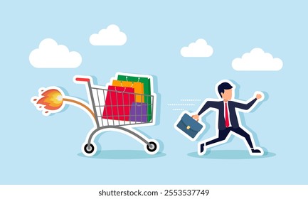 A businessman running to avoid a chasing cart filled with shopping bags, with a lit fuse, illustration of being chased by business expenses or shopping bills