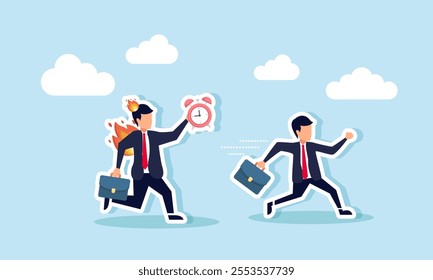 A businessman running to avoid a chasing businessman on fire carrying an alarm clock, illustration of being pursued by business work deadlines