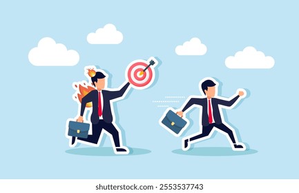 A businessman running to avoid a chasing businessman on fire carrying a target board, illustration of being pursued by business targets set by company leaders