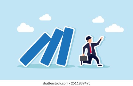 Un hombre de negocios corriendo para evitar la caída de bloques, Ilustración concepto de Evitar problemas en cascada en los negocios o proyectos