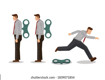 Businessman running away after his winder released. Business concept of free will or freedom. Flat vector illustration.