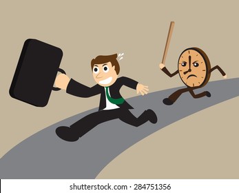 Businessman running away from angry clock in a concept of pursuing a deadline time, flat style EPS10 vector illustration.