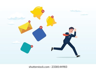 Businessman running away from apps, email and ringing bell notifications, annoy notifications disturbing pop up or online message sound, marketing or advertising push notifications concept (Vector) 