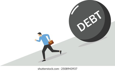 Businessman running away from the big debt ball, Vector illustration in flat style

