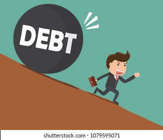 Businessman running away from big stone with message 'debt' - Vector illustration.