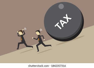 Businessman running away from the big tax ball, Vector illustration in flat style