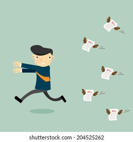 businessman running away from the bill payment, cartoon vector 