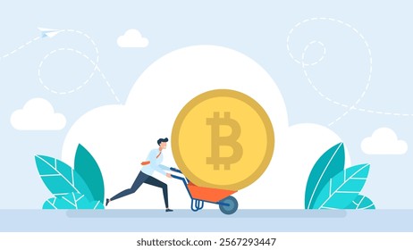 Businessman running away with bitcoin. Businessman buying Bitcoin on sales and running away. Smart and wise investment, buying or purchasing cryptocurrency Bitcoin. Vector illustration