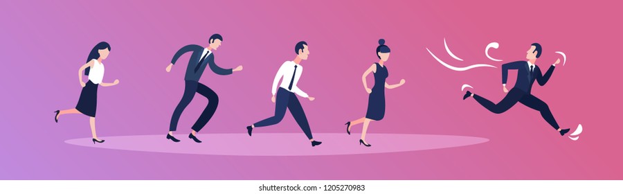 businessman running away from business people career competition concept horizontal banner vector illustration