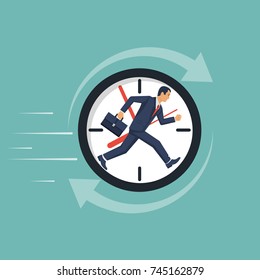 Businessman running away in clock. Control time. Vector illustration flat design. Isolated on background. Full time job. Human in suit tie with briefcase. Endless work. Ð¡oncept business.
