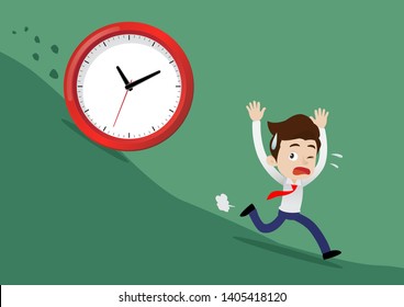 Businessman running away from a clock or time that is rolling down to him concept, Cartoon vector illustration