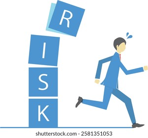 Businessman running away from collapsing blocks with "risk” word