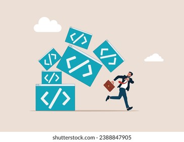 Geschäftsmann, der sich vom zusammenbrechenden Stack der Programmierung wegrennt. Problem, Job kein Erfolg. API, Anwendungsprogrammierschnittstelle zur Verbindung zwischen Software. Vektorgrafik 