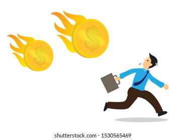 Businessman running away from the crashing of dollar. Concept of recession or stock economy crash. Flat vector illustration. 