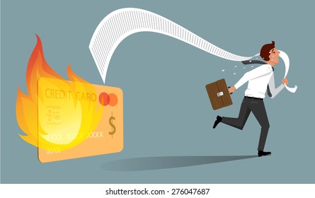 businessman running away from credit card with fire, vector
