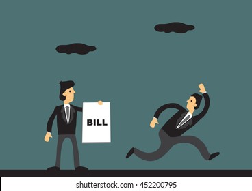 Businessman running away from creditor holding document that says Bill. Vector cartoon illustration for business and financial concept.