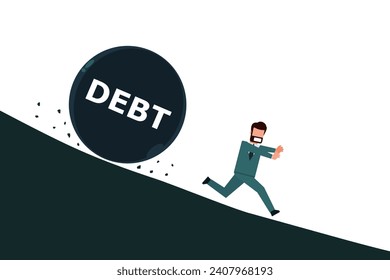 Businessman running away from debt that is rolling down to him.  Being in debt causes fear and suspicion. Business debt concept. Vector illustration flat design style