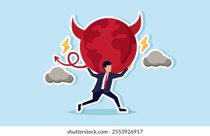 A businessman running away with a devil-shaped globe surrounded by dark clouds and lightning, illustration of escaping the dark side or unethical practices in business