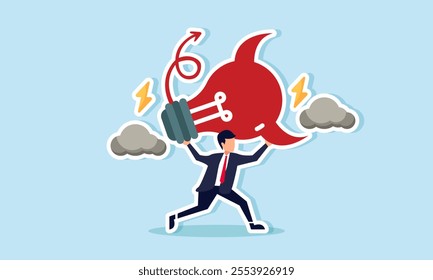 A businessman running away with a devil-shaped lamp surrounded by dark clouds and lightning, illustration of discarding bad ideas and intentions in business