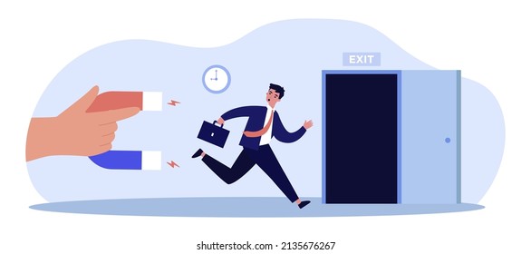 Businessman running away to exit business from collectors. Man afraid of magnet in giant hand flat vector illustration. Debt, tax, finance concept for banner, website design or landing web page