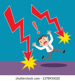 Businessman running away failure down arrow, illustration vector cartoon