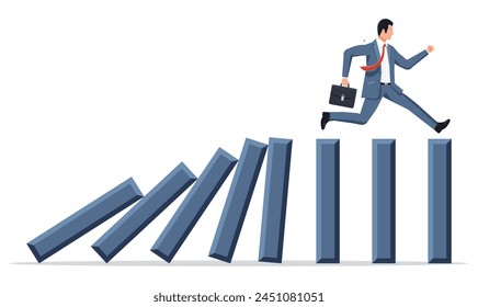 Businessman running away from falling domino. Domino chain reaction effect in business. Crisis management, finance intervention, tax, debt, fee and bankruptcy. Vector illustration in flat style