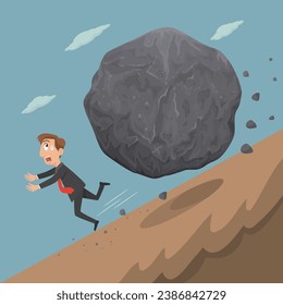 Businessman running away from falling rolling stone,Ball stone, Failure in business concept, 
illustration vector cartoon.