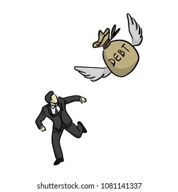 businessman running away from flying bag of debt vector illustration sketch doodle hand drawn with black lines isolated on white background