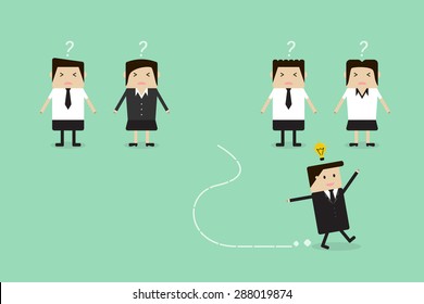 Businessman running away from his team with new idea.
