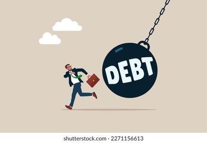 Businessman running away from huge pendulum with message "debt", financial crisis in tax. Modern vector illustration in flat style