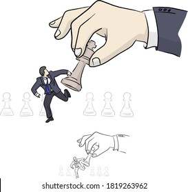 businessman running away from king chess vector illustration sketch doodle hand drawn with black lines isolated on white background. Business concept.