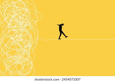 Businessman running away from mess chaos line. concept of find solution, thinking process and problem solving.