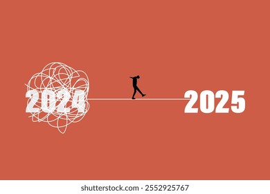 Businessman running away from mess chaos line from 2024 to 2025. concept of find solution, thinking process and problem solving