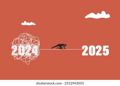 Businessman running away from mess chaos line from 2024 to 2025. concept of find solution, thinking process and problem solving