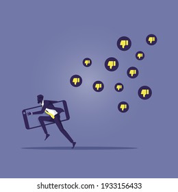 Businessman running away from negative comments icons, social network marketing or social media disapproval concept