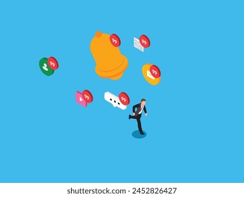 Businessman running away from notes, email and ringing bell notifications 3d isometric vector illustration