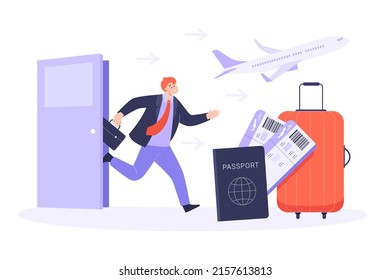 Businessman running away from office on vacation. Man, adult or employee in official suit rushing to take plane or aircraft flat vector illustration. Relaxation, freedom, escape concept