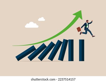 Businessman running away on domino . Domino effect and business crisis. Modern flat vector illustration.