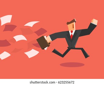 Businessman running away from paper. Vector illustration