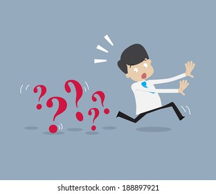 Businessman running away from problem,  escape or eliminate  from obstacle concept