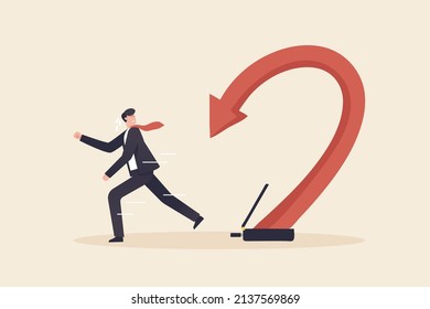 Businessman Running Away From The Red Arrow Chasing, Investment Risk, Stock Market Volatility, Negative Earnings. Stock Market Decline In Crisis.