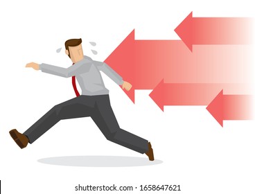 Businessman running away from red arrows. Concept of financial crisis or corporate stress. Vector illustration.