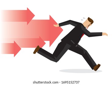 Businessman running away from red arrows. Concept of financial crisis or corporate stress. Vector illustration.