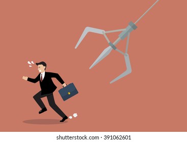 Businessman running away from robotic claw. Business concept