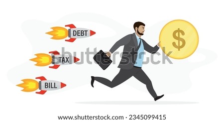Businessman running away from rockets - tax, bill, debt. male employee holding dollar coin in hand. Running office worker. Tax Time concept. Unhappy male character, business problem. flat vector