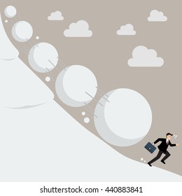 Businessman running away from snowball effect. Business concept